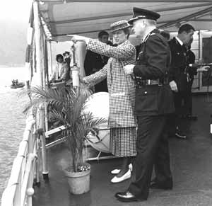 Princess Alexandra, Commandant General of the Royal Hong Kong police, on the boat deck of PL2 Sea Tiger in April 1986.